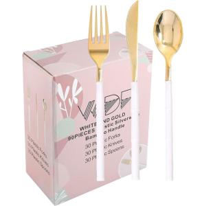 imageWDF 90Pieces Gold Plastic SilverwareGold Plastic Cutlery with White Handle Heavy Duty Thanksgiving Christmas Silverware Include 30Forks 30 Spoons 30 Knives for PartiesGold