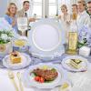 imageWDF 100PCS Green Plates Disposable  Heavy Duty Christmas Plates  50 Guests Green Plastic Plate for PartyChristmasBlue and Gold