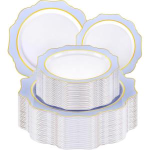 imageWDF 100PCS Green Plates Disposable  Heavy Duty Christmas Plates  50 Guests Green Plastic Plate for PartyChristmasBlue and Gold