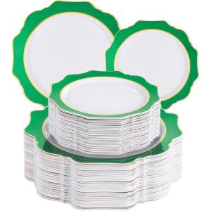 imageWDF 100PCS Green Plates Disposable  Heavy Duty Christmas Plates  50 Guests Green Plastic Plate for PartyChristmasGreen