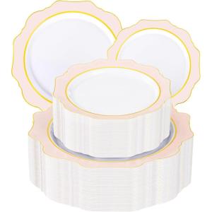 imageWDF 100PCS Green Plates Disposable  Heavy Duty Christmas Plates  50 Guests Green Plastic Plate for PartyChristmasPink and Gold