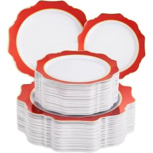 imageWDF 100PCS Green Plates Disposable  Heavy Duty Christmas Plates  50 Guests Green Plastic Plate for PartyChristmasRed