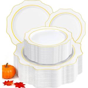 imageWDF 100PCS Green Plates Disposable  Heavy Duty Christmas Plates  50 Guests Green Plastic Plate for PartyChristmasWhite and Gold