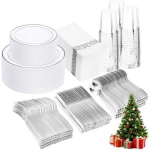 image:image175PCS Purple Plates Disposable  Lavender Plastic Plates 25Guests Plastic Dinnerware with Rolled Napkins for BirthdaySpringBaby ShowerEasterSilver