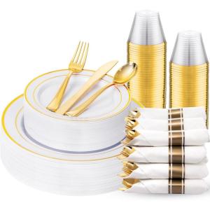 image:image175PCS Purple Plates Disposable  Lavender Plastic Plates 25Guests Plastic Dinnerware with Rolled Napkins for BirthdaySpringBaby ShowerEasterWhite and Gold