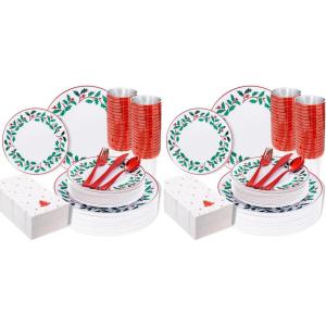 image:imageWDF 175Pcs Disposable Christmas Plates amp Napkins  25 Dinner amp Dessert Plates 25 Utensils 25 Cups 25 Christmas Napkins Pack of 2