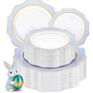 image:imageWDF 100PCS Mint Green Plastic Plates  Green Easter Plates Disposable  Heavy Duty Scalloped Plastic Plate for PartiesWeddingEasterSpringBlue and Gold