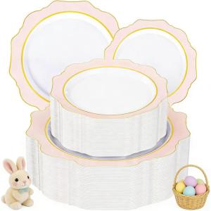 image:imageWDF 100PCS Mint Green Plastic Plates  Green Easter Plates Disposable  Heavy Duty Scalloped Plastic Plate for PartiesWeddingEasterSpringPink and Gold