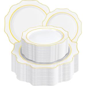 image:imageWDF 100PCS Mint Green Plastic Plates  Green Easter Plates Disposable  Heavy Duty Scalloped Plastic Plate for PartiesWeddingEasterSpringWhite and Gold