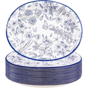 image:imageWDF 50Pack Lemon Oval Paper Plates  10x12 Heavy Duty Large Disposable Dinner Plates  Summer Lemon Serving Platters for BirthdayWeddingTea PartyBaby ShowerSummerBlue Flower