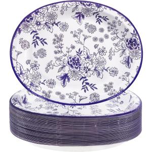 image:imageWDF 50Pack Lemon Oval Paper Plates  10x12 Heavy Duty Large Disposable Dinner Plates  Summer Lemon Serving Platters for BirthdayWeddingTea PartyBaby ShowerSummerBlue and White
