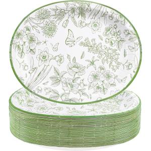 image:imageWDF 50Pack Lemon Oval Paper Plates  10x12 Heavy Duty Large Disposable Dinner Plates  Summer Lemon Serving Platters for BirthdayWeddingTea PartyBaby ShowerSummerGreen Flower
