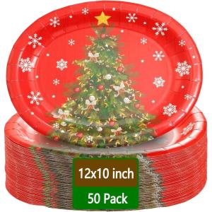 image:imageWDF 50Pack Lemon Oval Paper Plates  10x12 Heavy Duty Large Disposable Dinner Plates  Summer Lemon Serving Platters for BirthdayWeddingTea PartyBaby ShowerSummerChristmas Trees