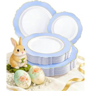 image:imageWDF 60pcs Purple Plates Disposable with Gold Rim  Baroque Light Purple Plastic Plates  Lavender Plates for SpringWeddingEasterBirthdayBlue and Gold
