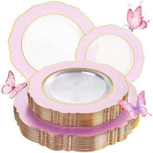 image:imageWDF 60pcs Purple Plates Disposable with Gold Rim  Baroque Light Purple Plastic Plates  Lavender Plates for SpringWeddingEasterBirthdayClear Pink with Gold Rim