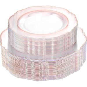 image:imageWDF 60pcs Purple Plates Disposable with Gold Rim  Baroque Light Purple Plastic Plates  Lavender Plates for SpringWeddingEasterBirthdayClear Rose Gold