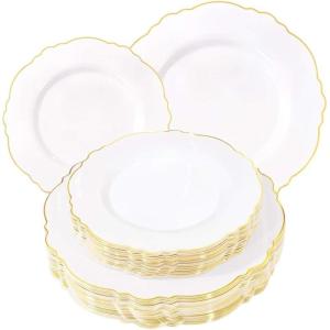 image:imageWDF 60pcs Purple Plates Disposable with Gold Rim  Baroque Light Purple Plastic Plates  Lavender Plates for SpringWeddingEasterBirthdayGold