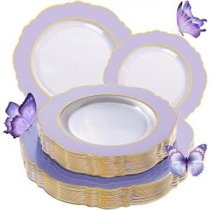 image:imageWDF 60pcs Purple Plates Disposable with Gold Rim  Baroque Light Purple Plastic Plates  Lavender Plates for SpringWeddingEasterBirthdayPurple and Gold