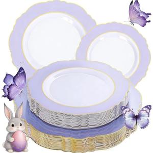 image:imageWDF 60pcs Purple Plates Disposable with Gold Rim  Baroque Light Purple Plastic Plates  Lavender Plates for SpringWeddingEasterBirthdayPurple and White