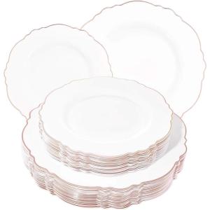 image:imageWDF 60pcs Purple Plates Disposable with Gold Rim  Baroque Light Purple Plastic Plates  Lavender Plates for SpringWeddingEasterBirthdayRose Gold