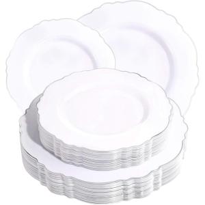 image:imageWDF 60pcs Purple Plates Disposable with Gold Rim  Baroque Light Purple Plastic Plates  Lavender Plates for SpringWeddingEasterBirthdaySilver