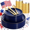 image:imageWDF 150pcs Blue plastic Plates  Navy Blue Plates Disposable  4th of July plates  25guest Disposable Dinnerware Sets for PartyWeddingBirthdayFathers DayBlue and Gold