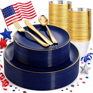 image:imageWDF 150pcs Blue plastic Plates  Navy Blue Plates Disposable  4th of July plates  25guest Disposable Dinnerware Sets for PartyWeddingBirthdayFathers DayBlue and Gold