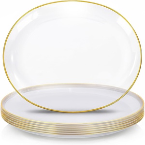 image:imageWDF 6Pcs Gold Plastic Serving Trays  12 Inch White and Gold Oval Disposable Plates  Heavy Duty White Plastic Serving Platters for WeddingBirthdayDinner PartyBBQHoliday GatheringsClear